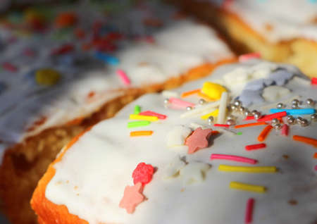White sugar icing on an Easter cake close-up.