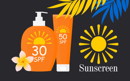 Tubes and bottles of sunscreens with different SPF on a black background with tropical leaves....