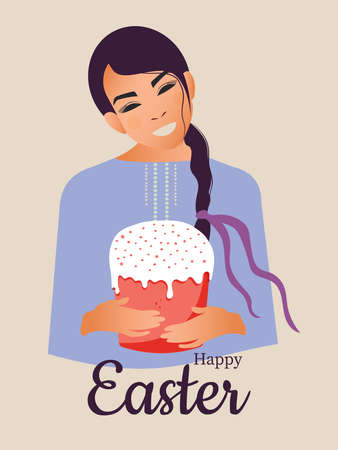Happy Easter. A Ukrainian woman in a blue vyshyvanka with a pigtail holds an Easter cake in her...