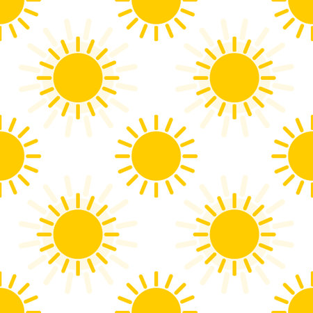 Yellow sun on a white background. Seamless cute pattern for decorative fabrics, fashion textiles.