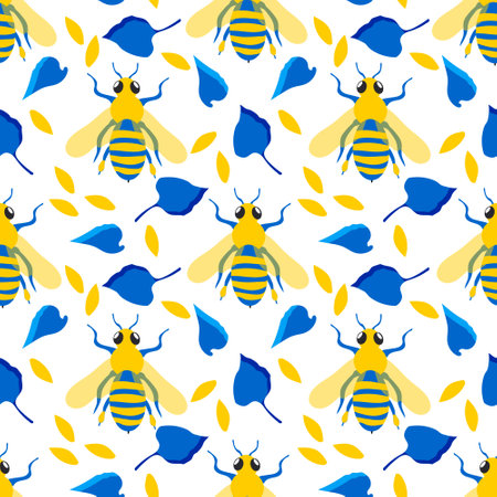 honey bees. Seamless pattern with cute insects and blue leaves, yellow petals for modern textiles, decorative fabrics.の写真素材