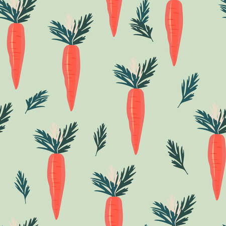 Carrots with tops on a light green background. Seamless pattern with vegetables.の写真素材