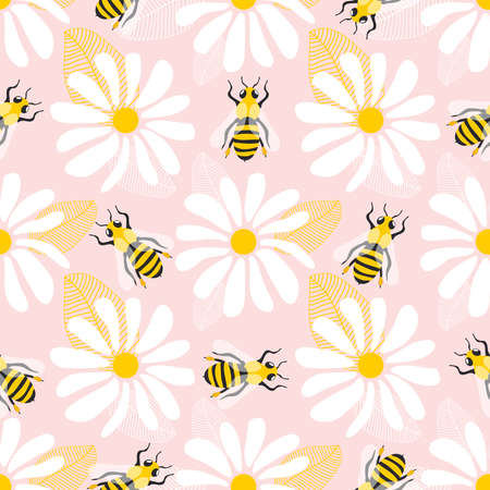 Wild chamomile flowers and honey bees. Seamless summer pattern with big white flowers and insects on a pink background. For printing on modern fabrics.の写真素材