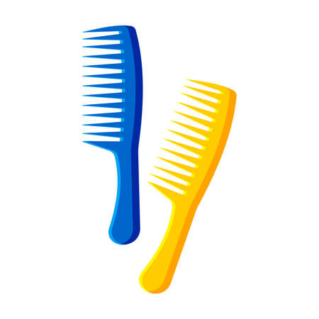 Yellow and blue combs isolated on white background. Hairdresser's tool for hair care.の写真素材