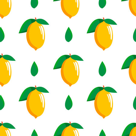 Bright yellow juicy lemons with green leaves. Seamless modern pattern with tropical fruits for textile. white background.の写真素材