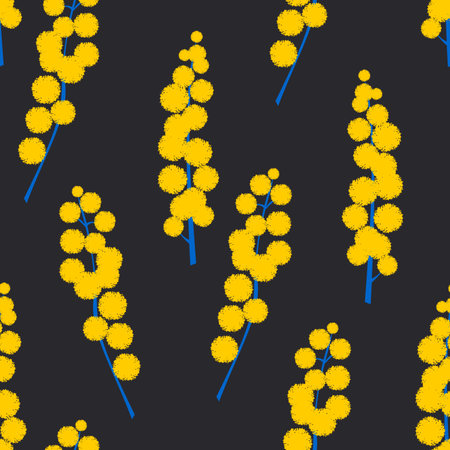 Acacia branches with yellow flowers on a black background. Spring seamless pattern with mimosa for modern textile.の写真素材