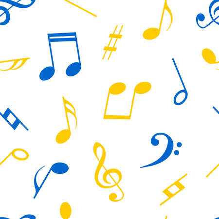 Musical notes in blue and yellow colors on a white background. Seamless cute pattern for decorative pillows, textiles, fabrics.の写真素材