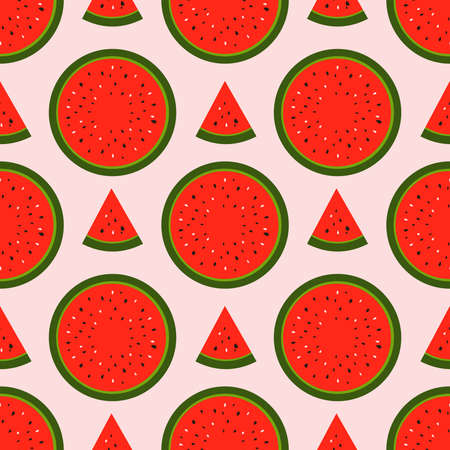 Fresh red watermelon and fruit pieces in a modern design on a pink background. Seamless stylish pattern for fashionable textiles.の写真素材