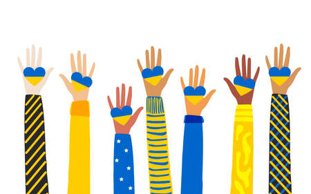 The hands of people with different skin colors, different nationalities and religions hold a heart in support of Ukraine. Peace to Ukraine horizontal white banner.の写真素材