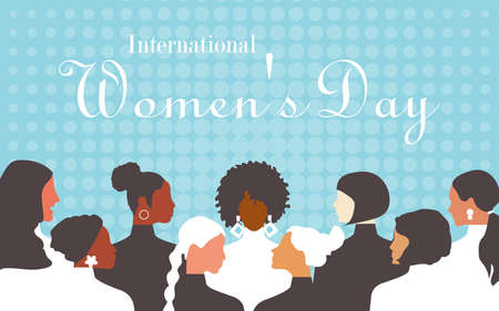 International Women's Day. Crowd of modern women of different nationalities and religions in flat design style. horizontal blue retro poster.の写真素材