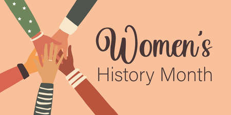 Women's History Month. The hands of multiethnic people are connected in a circle. Activists and other communities fight for equality. horizontal pink poster.の写真素材
