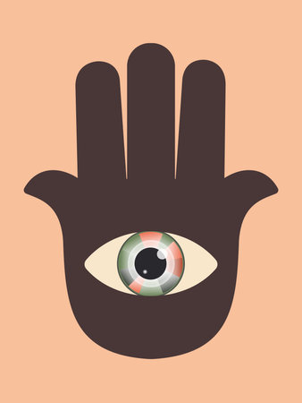 Hand of Fatima. Hamsa amulet or Miriam's hand, used throughout the world to protect against bad luck and the evil eye. Pink vertical background.の写真素材