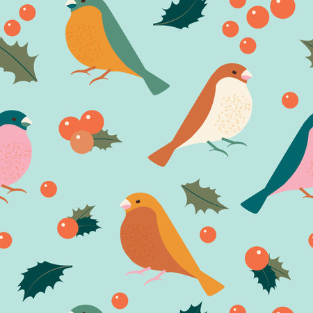 Birds and holly berries. Winter christmas modern pattern for textile with blue background.の写真素材