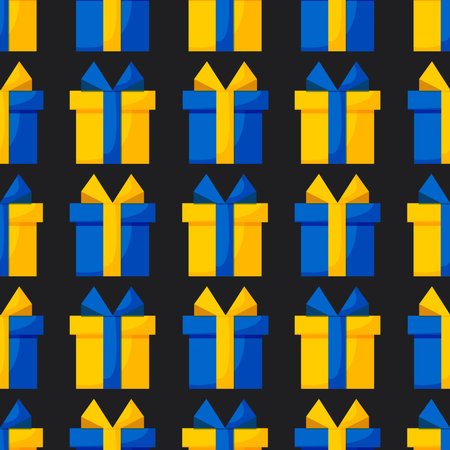 Festive box with a ribbon and a bow on a black background. Cute seamless pattern.の写真素材