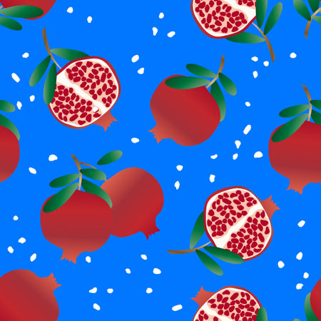 Pomegranates with leaves on a blue background. Seamless cute pattern with fruits for textile.の写真素材