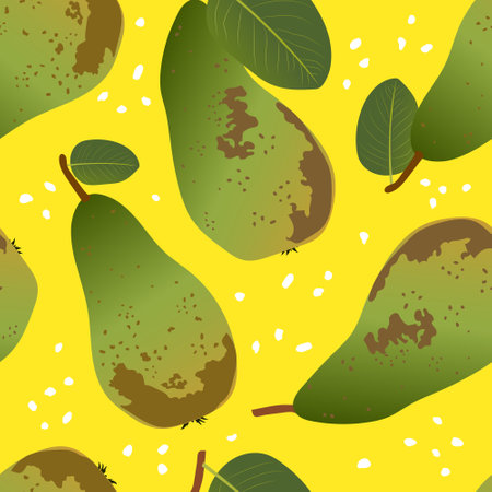Conference grade peer. Green fruits on a yellow background. Seamless cute pattern for textiles.の写真素材
