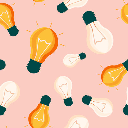 Electric light bulbs. Seamless cute pattern with pink background. Vector.のイラスト素材