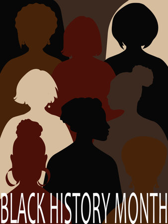 Celebrating Black History Month. Women from different countries and religions stand up for equality and freedom. Vertical banner with silhouettes of people.の写真素材