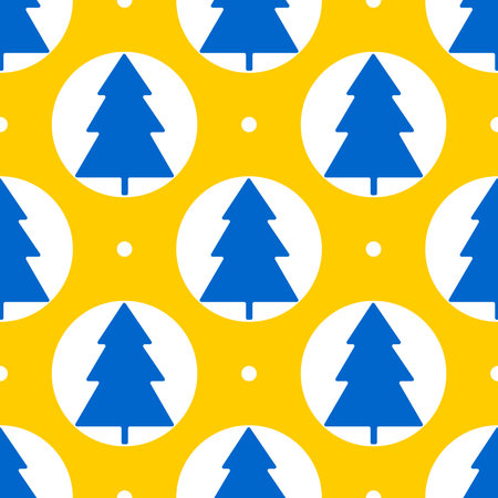 Christmas trees of blue color on a yellow background with snow. Seamless winter holiday pattern. Vector.のイラスト素材