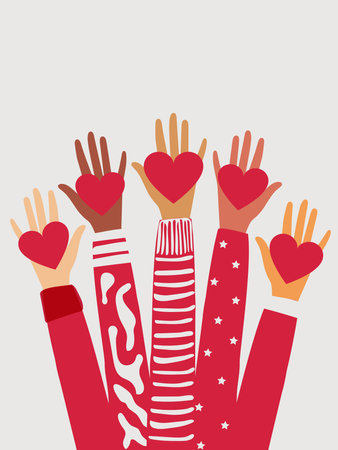 <p>The hands of people with different skin colors, different nationalities and religions hold a red heart. Vertical banner with charity concept. Vector.</p>のイラスト素材