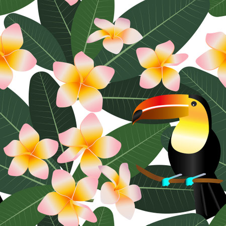 Tropical floral seamless pattern with toucans. Cute plumeria flowers and green leaves and birds for fabrics, textiles.の写真素材