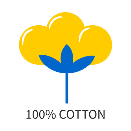 100% cotton. Cotton flower icon blue and yellow. Plant bud isolated on white background.の写真素材