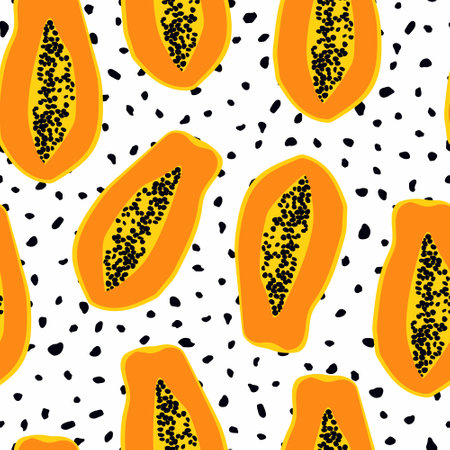 Sweet papaya cut in half. Tropical fruits chaotically create a cute seamless pattern for modern textiles.の写真素材