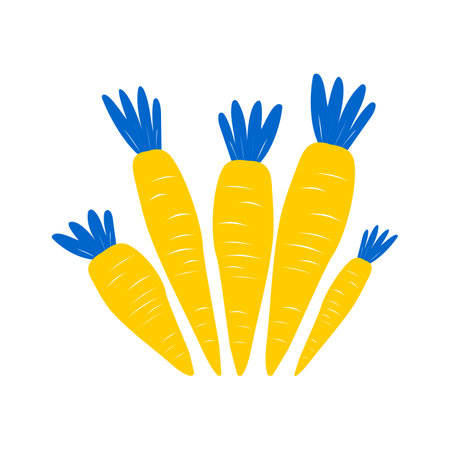 Cute five yellow carrots on a white background. Vegetables useful with carotene. Vector.のイラスト素材