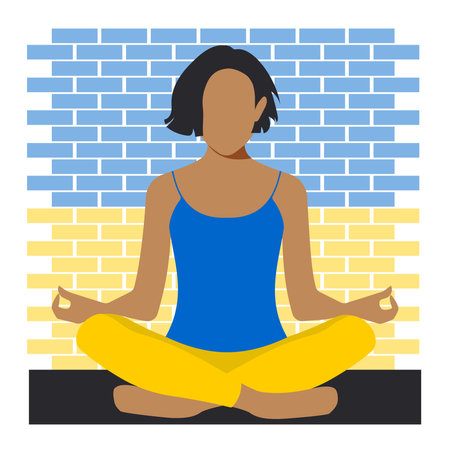 A woman sitting in a lotus position is engaged in meditation. Stay calm and pray for peace in Ukraine. Take care of your physical health. Vector.のイラスト素材