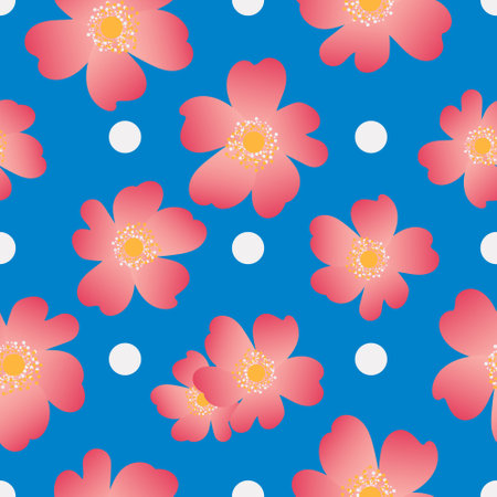 Wild rose in a botanical seamless pattern. Rosehip flowers are pink on a blue background.の写真素材
