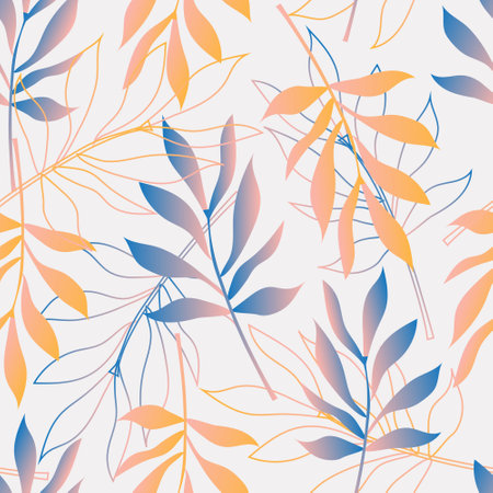 Modern tropical leaves in yellow and blue gradient on a white background create a seamless pattern...