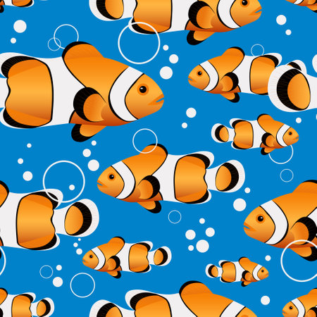 Clownfish. Marine life in the sea and ocean. Beautiful fish swim on a blue background creating a seamless cartoon pattern for fashion fabrics.の写真素材