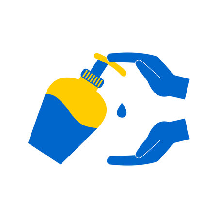 Hand disinfection and antiseptic treatment in blue and yellow. Liquid soap dripping on hand. Removal of microorganisms and impurities from the skin. Regular hand washing with soap.のイラスト素材