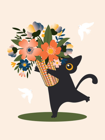 Black cute cat holds in his hands a basket with a large bouquet of spring flowers on a light pink vertical background for greeting cards.の写真素材