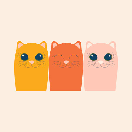 Three cute cartoon cats isolated on a light pink background.の写真素材