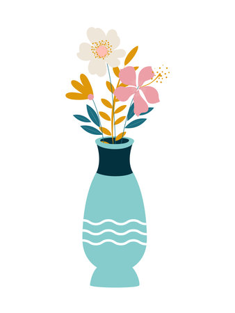 Spring flowers in a blue vase isolated on a white background.の写真素材