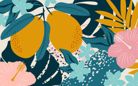 Modern mango flower collage. Exotic tropical leaves with fruits create a horizontal poster for interior design.の写真素材