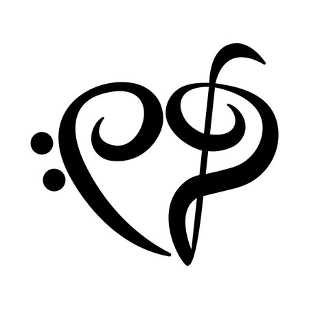 Treble clef and bass clef upside down create a heart shape isolated on white background. Vector.のイラスト素材