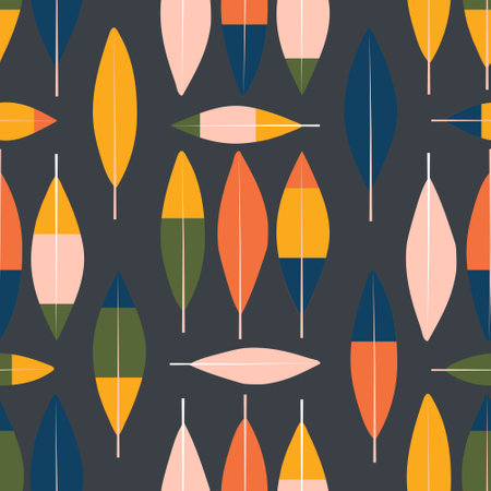 Multicolored feathers look like autumn leaves on a black background form a cute contemporary seamless pattern for printing on fabric. Vector.のイラスト素材