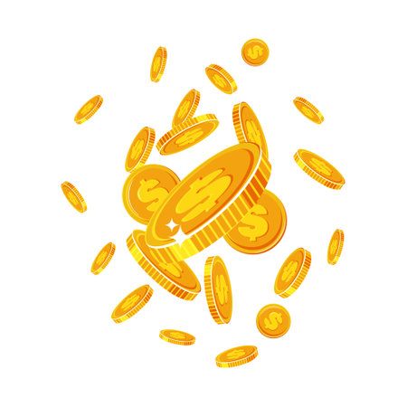 Golden sparkling coins. Banner with falling dollars isolated on white background. Vector.のイラスト素材