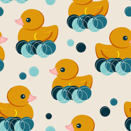 A yellow cute duckling floats on the sea waves forming a seamless pattern. Holiday National Rubber Duck Day. Vector.のイラスト素材