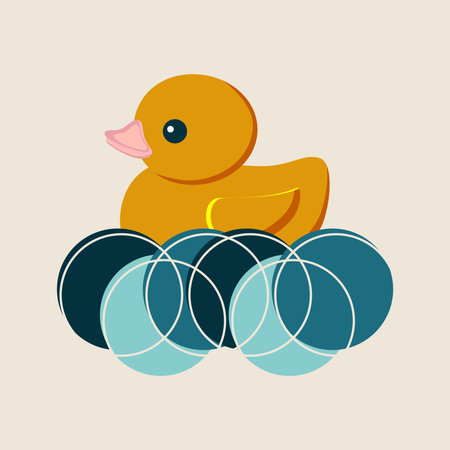 Yellow cute duckling swims on the sea waves isolated on a light gray background. Holiday National Rubber Duck Day. Vector.のイラスト素材