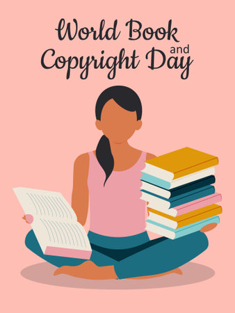 World Book and Copyright Day. A young woman with books in her hands sits in the lotus position, gaining new knowledge and increasing her vocabulary. Vector.のイラスト素材