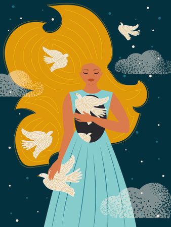 Mental health concept. The woman experiences anxiety and fear. In her soul there is a void the size of space, from which white birds of peace and hope fly. Vector.のイラスト素材