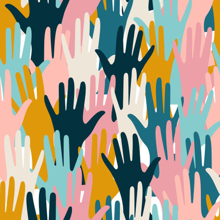 Hands of people of different nationalities form a seamless colored background for textiles. Vector.のイラスト素材