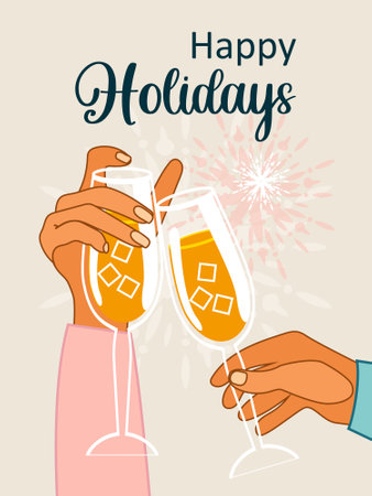 Happy Holidays. Glasses of champagne in hands on. Celebrating New Year, Christmas, Birthday or other party. Vector.のイラスト素材