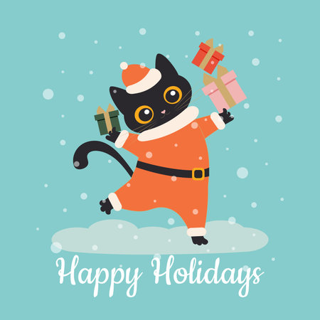 Black cute cat dressed as Santa Claus juggles with gift boxes and dancing under the snowfall, isolated on a light blue background. Vector.のイラスト素材