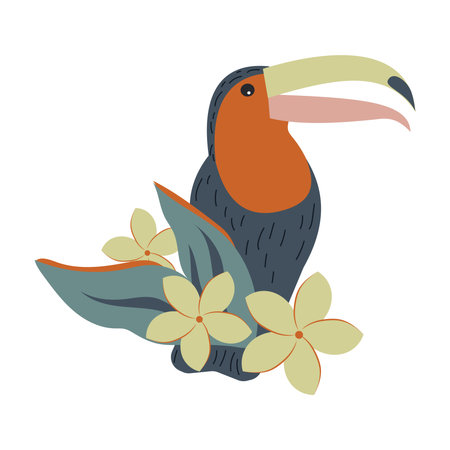 Toucan on a branch with plumeria leaves and flowers. Exotic bird in the tropical jungle sitting on a tree with frangipani. Vector.のイラスト素材