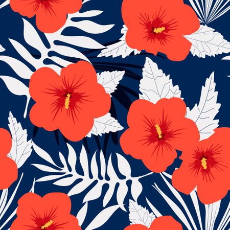 Red hibiscus with palm leaves forms a seamless pattern with dark blue background for textile. Vector.のイラスト素材