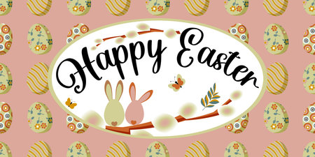 Happy Easter. Spring card with willow branches and bunnies on a horizontal pink background with...
